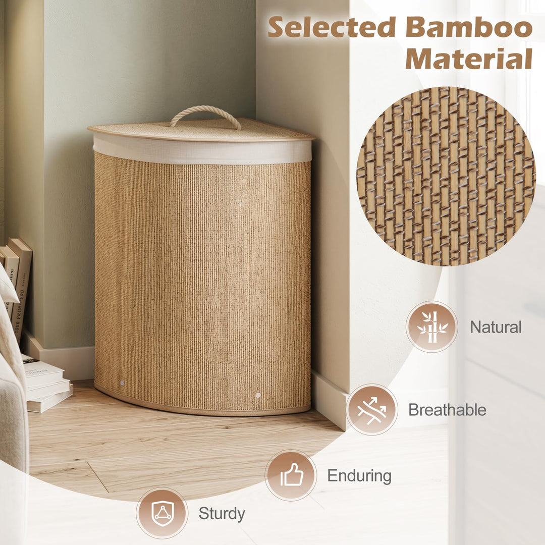 Giantex 15 Gal Bamboo Corner Laundry Hamper with Lid