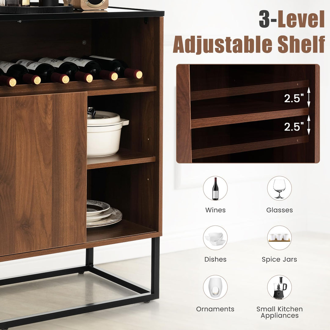 Giantex Wine Bar Cabinet, Small Sideboard Buffet Cabinet with Tempered Glass Top, Adjustable Feet &amp; Shelf, Sliding Door