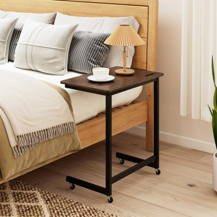 Giantex C-Shaped End Table with Wheels for Living Room Bedroom