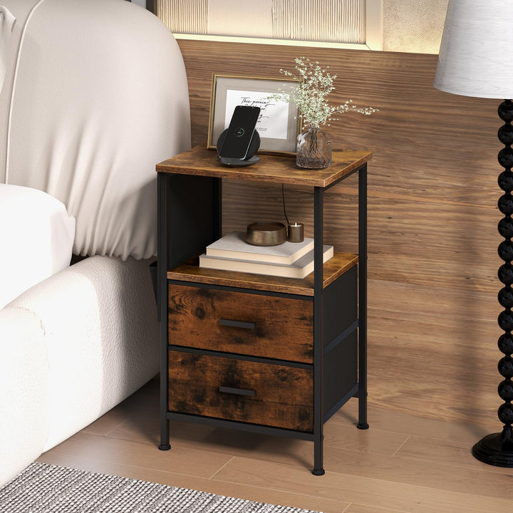 Giantex Nightstand with Charging Station, Industrial Bedside Table with 2 Fabric Drawers &amp; 6 Storage Pockets