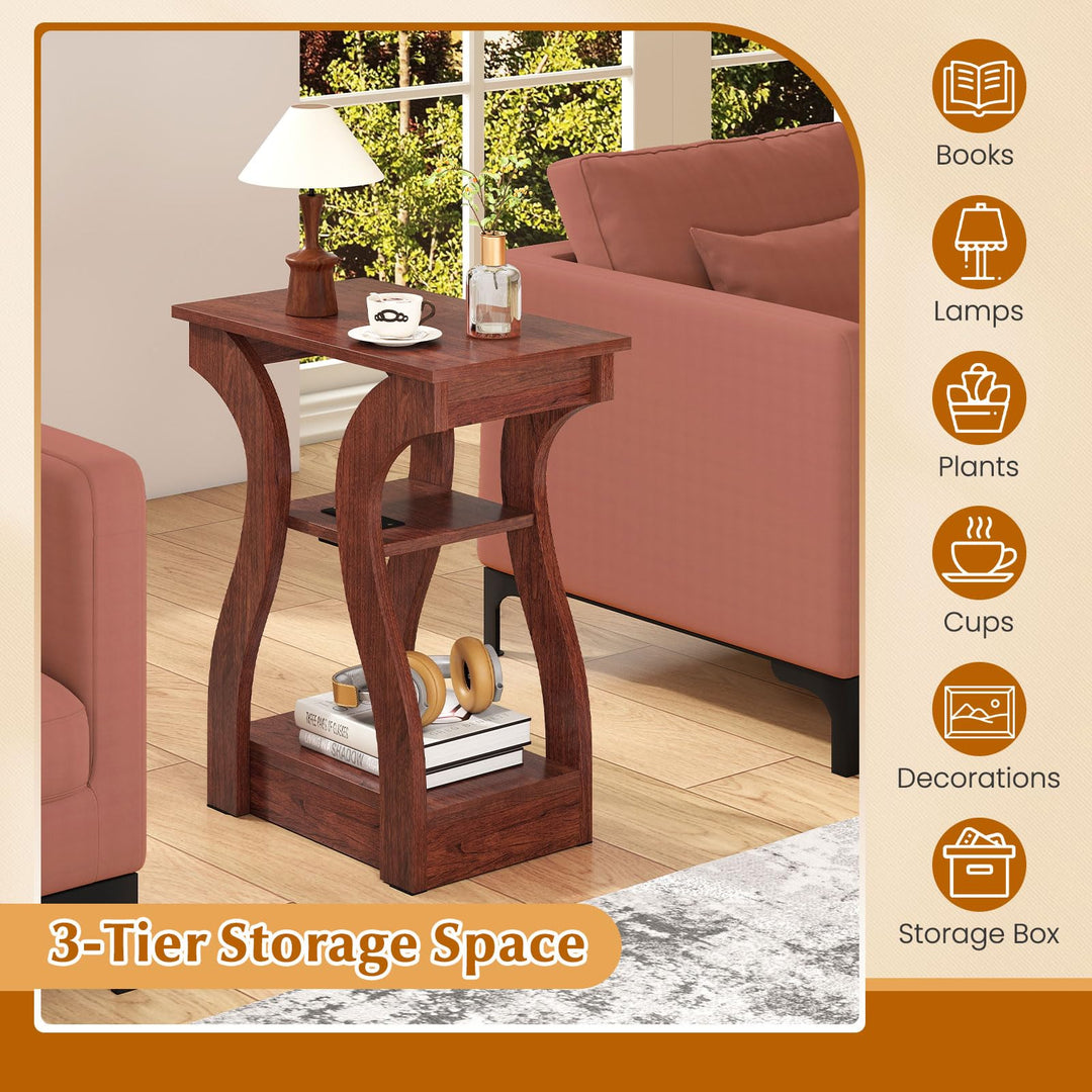 Giantex End Tables with Charging Station Set of 2 Narrow Sofa Side Tables with Open Storage Shelves