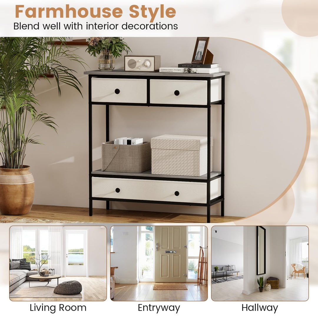Giantex Farmhouse Console Table 32” Entryway Table with 3 Fabric Drawers &amp; Open Storage Shelf