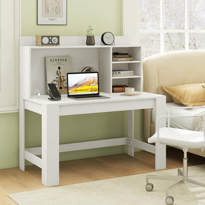 Giantex Computer Desk with Hutch, Modern Home Office Desk with Power Outlets, Storage Shelves &amp; Cable Hole
