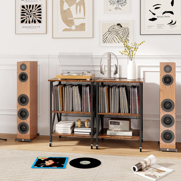 Giantex Record Player Stand with Charging Station, Turntable Stand with Record Storage &amp; 4 Rolling Wheels