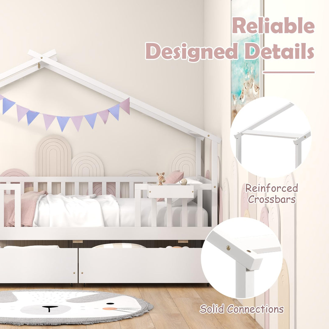 Giantex Twin House Bed with Drawers, Wooden Twin Bed Frame with Cube Storage &amp; Fence Rails