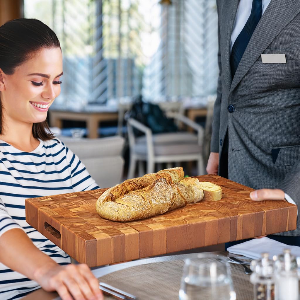 Giantex Teak Wood Cutting Board, 18" End Grain Chopping Block with Hand Grip, Pre-Conditioned With Natural Waxes &amp; Oils