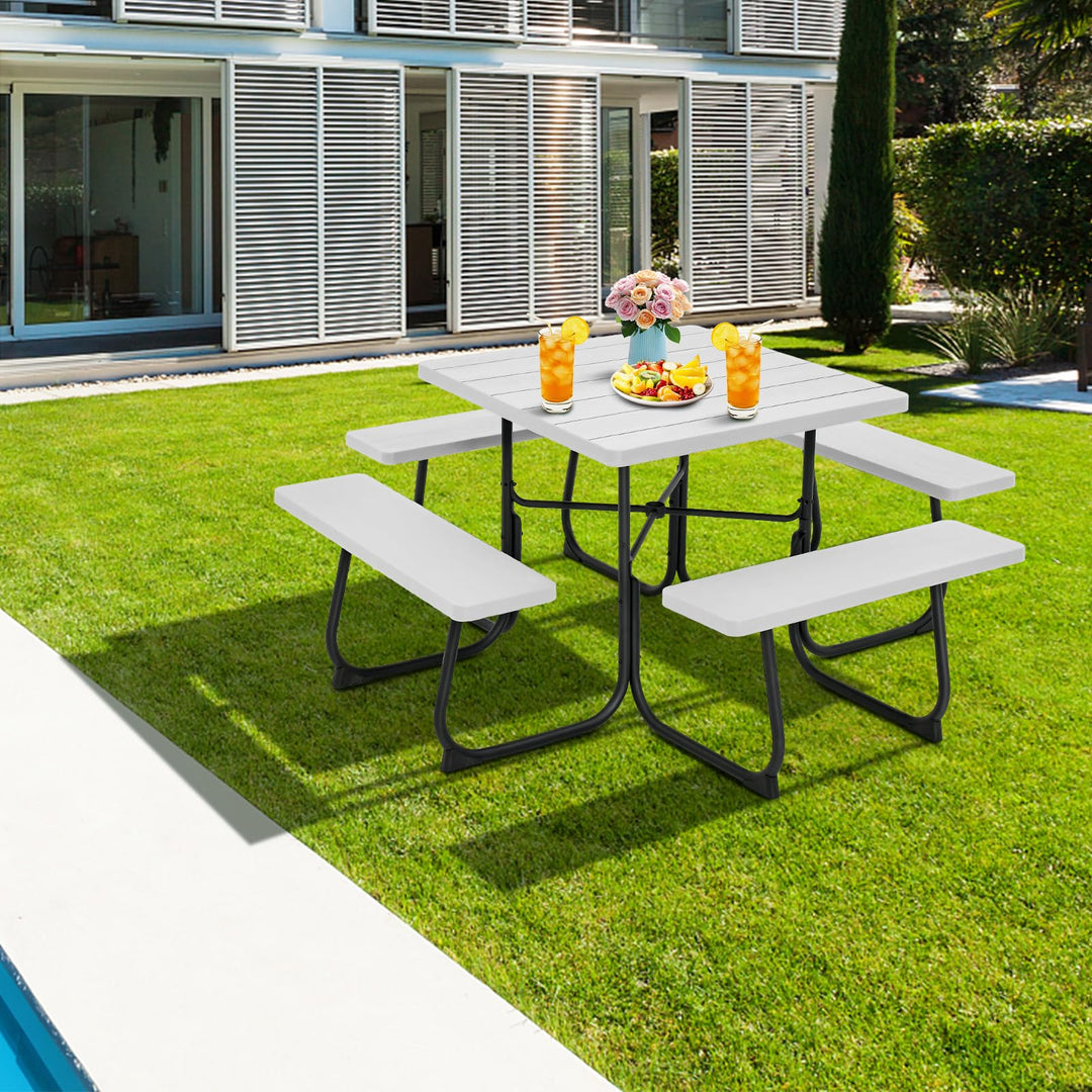 Giantex Picnic Table Set for 4-8 Persons, Outdoor Table and Bench Set with Umbrella Hole, HDPE Top &amp; Metal Frame