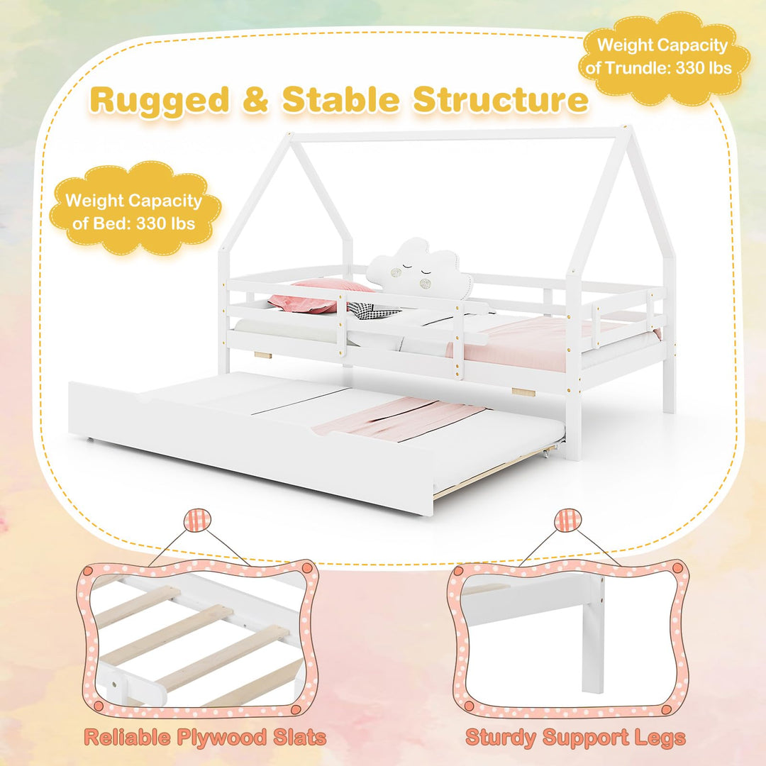 Giantex Twin House Bed with Trundle, Wood Kids Bed Frame with Roof &amp; Fence Rails