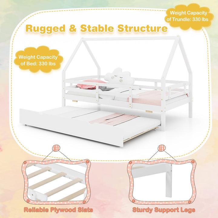 Giantex Twin House Bed with Trundle, Wood Kids Bed Frame with Roof &amp; Fence Rails