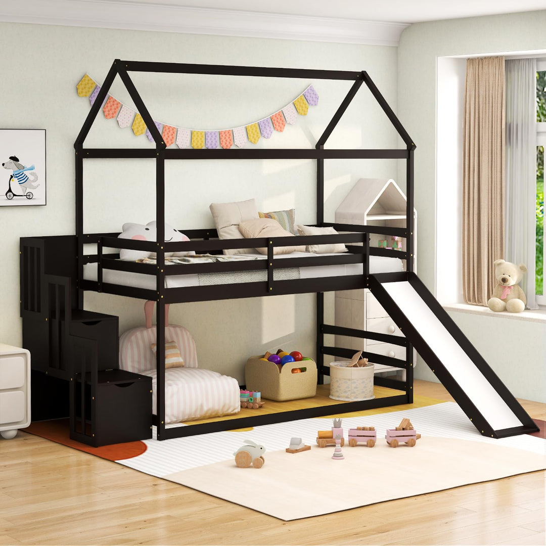Giantex House Bunk Bed Twin Over Twin with Slide and Storage Stairs, Solid Wood Low Loft Bed Frame with Roof &amp; Guardrail