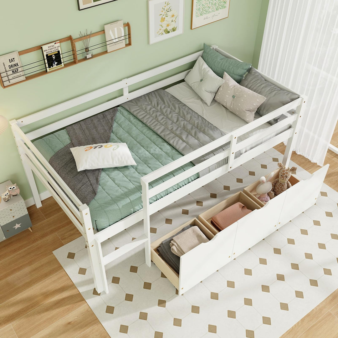 Giantex Twin Low Loft Bed with 3 Drawers, Wooden Loft Bed Frame with Ladder &amp; Full-length Guardrails