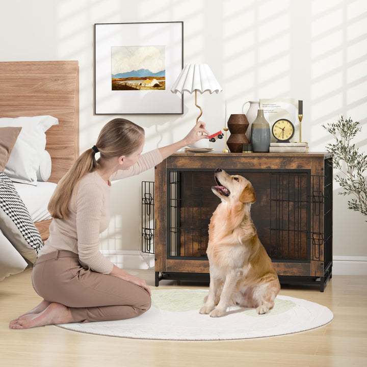 Giantex Dog Crate Furniture - Dog Kennel Side Table with Double Doors &amp; Removable Pull-Out Tray