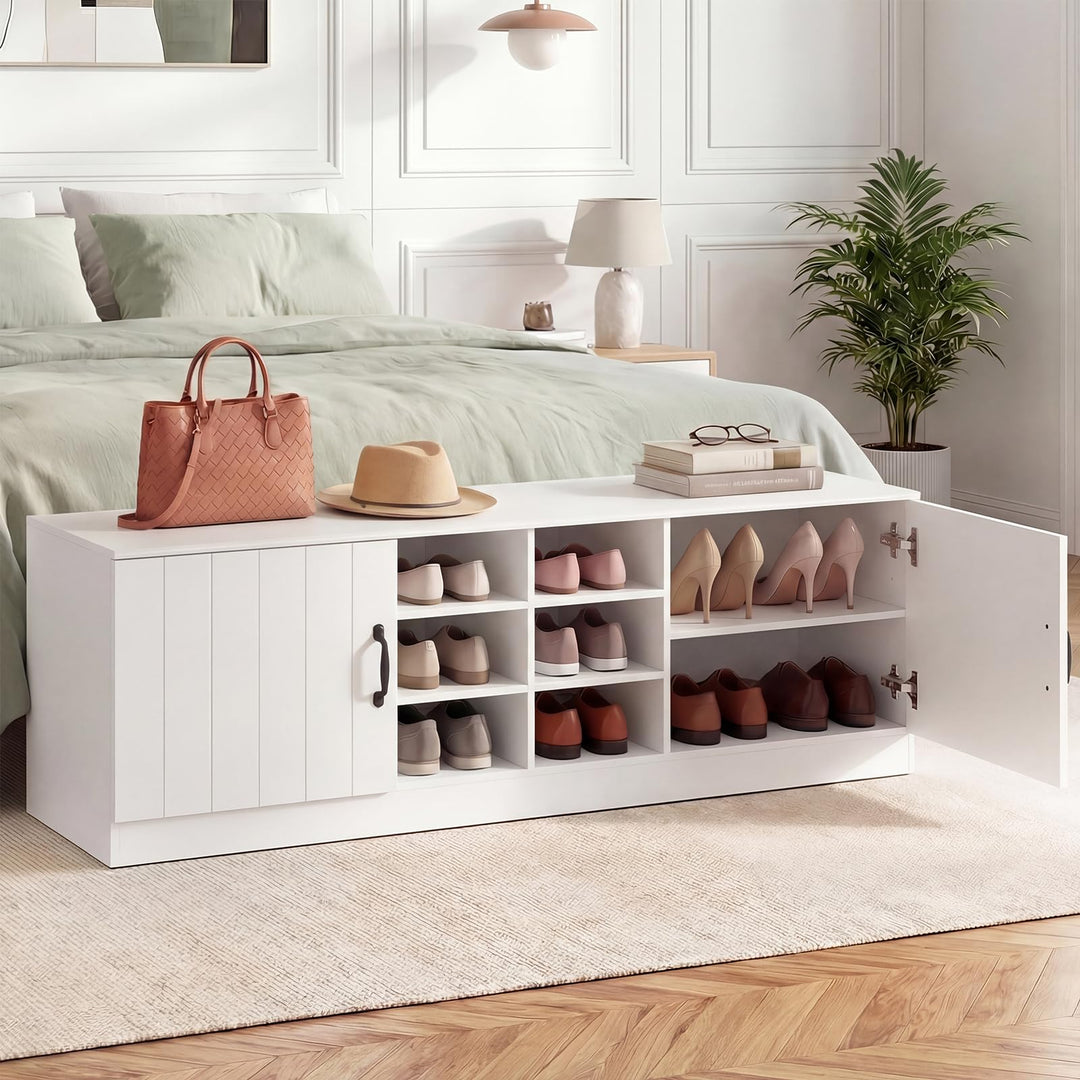 Giantex 2-Door Shoe Storage Bench Wooden Entryway Bench with Storage