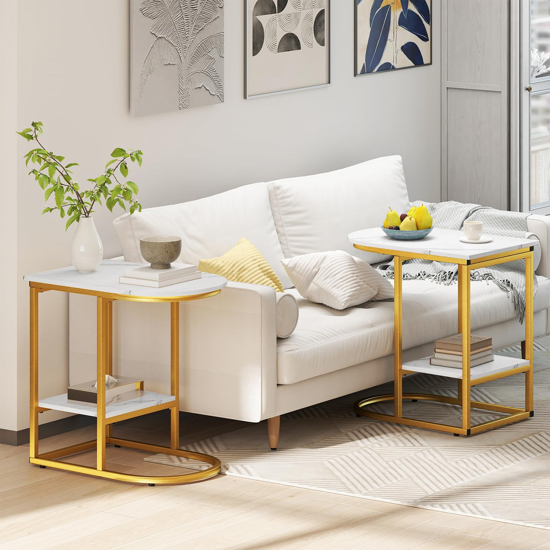 Giantex C Shaped End Table with Faux Marble Tabletop and Storage Shelf