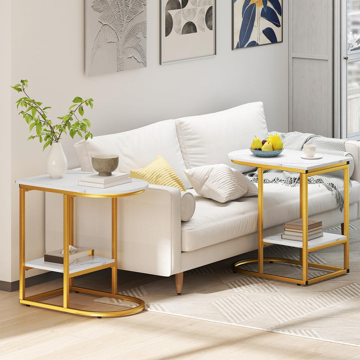 Giantex C Shaped End Table with Faux Marble Tabletop and Storage Shelf