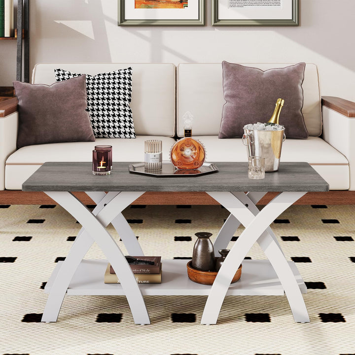 Giantex Farmhouse Coffee Table 2-Tier Wood Center Table with Storage Shelf &amp; X-Shaped Support Legs