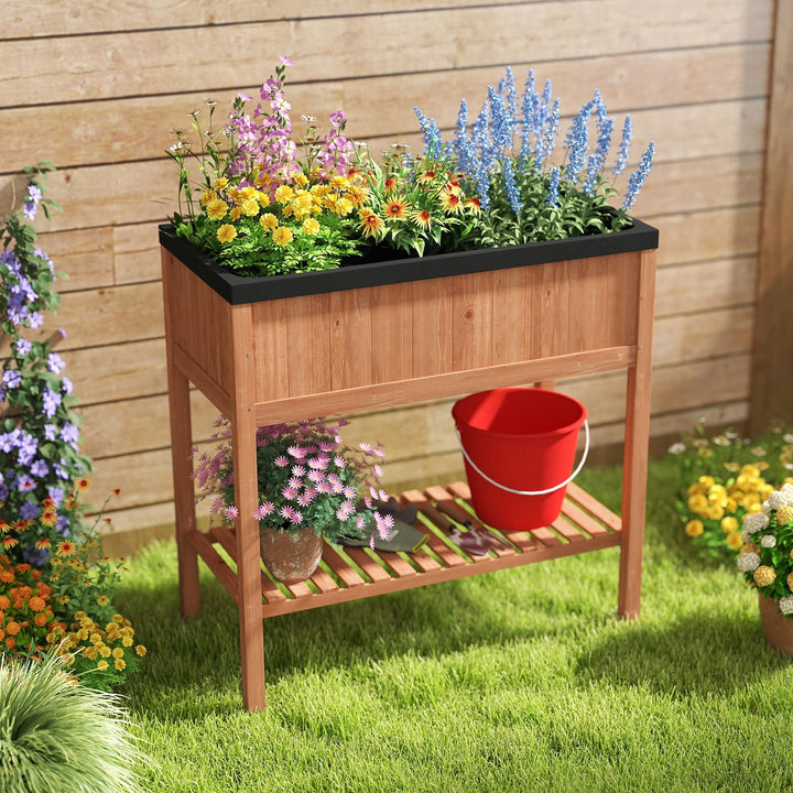 Giantex 40"x20"x39" Raised Garden Bed Wood Planter Box with Plant Stand &amp; Black Liner