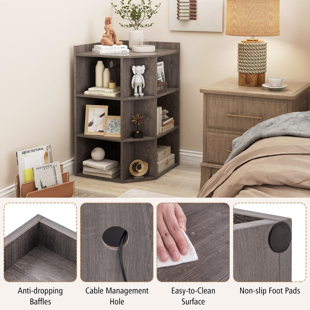 Giantex 3-Tier Corner Cabinet with Charging Station, Corner Shelf with 9 Cubbies, 2 USB Ports &amp; 4 Outlets