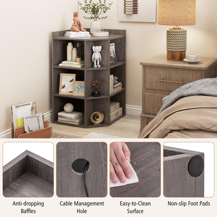 Giantex 3-Tier Corner Cabinet with Charging Station, Corner Shelf with 9 Cubbies, 2 USB Ports &amp; 4 Outlets