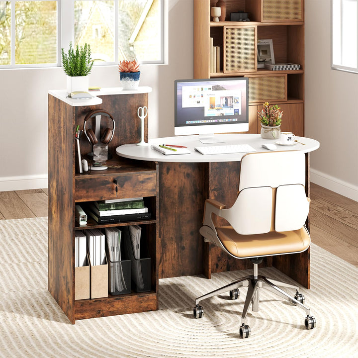 Giantex Reception Desk, Front Counter Desk with Lockable Drawer, Oval Tabletop &amp; Adjustable Shelf