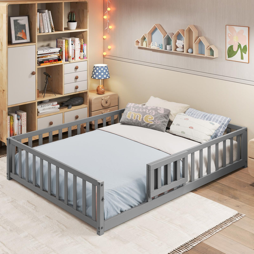 Giantex Full Size Floor Bed for Kids, Montessori Floor Bed with Wood Slats &amp; Safety Guardrails