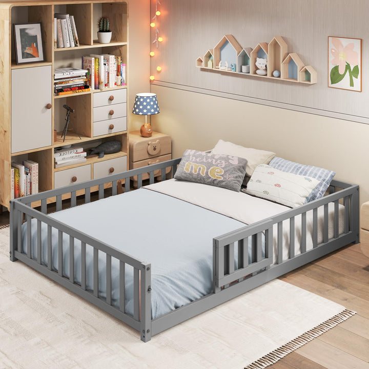 Giantex Full Size Floor Bed for Kids, Montessori Floor Bed with Wood Slats &amp; Safety Guardrails