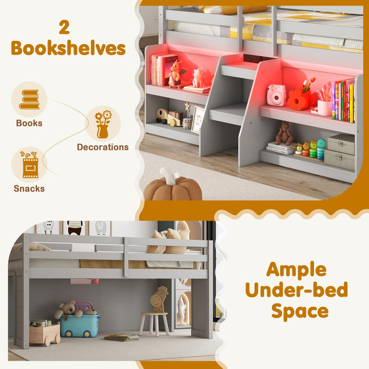Giantex Low Loft Bed with LED Lights, Wooden Twin Loft Bed with Stairs &amp; Safety Guardrail