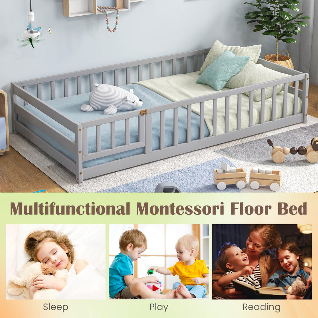 Giantex Twin Floor Bed with Door &amp; Fence, Kids Wood Montessori Bed with Safety Guardrails