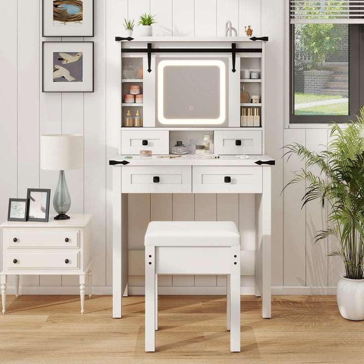 CHARMAID Farmhouse Vanity Desk with Drawers &amp; Shelves, Rustic Vanity Dressing Table with Stool (31" Wide,White)