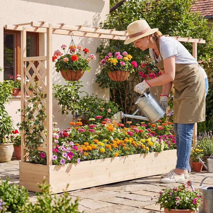 Giantex Wooden Raised Garden Bed with Trellis &amp; Hanging Roof