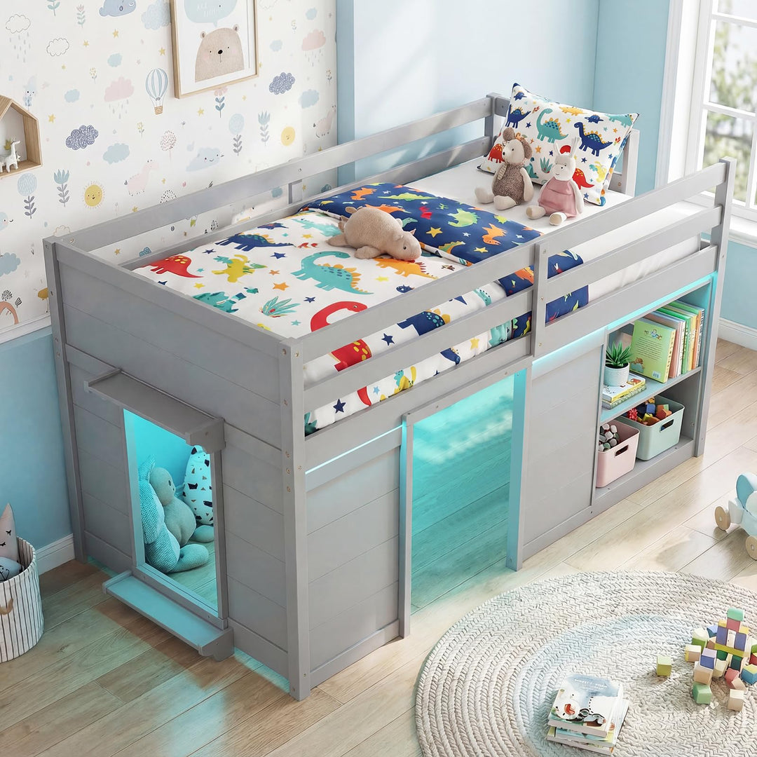 Giantex Wooden Low Kids Loft Bed with  LED Lights and 2 Doors