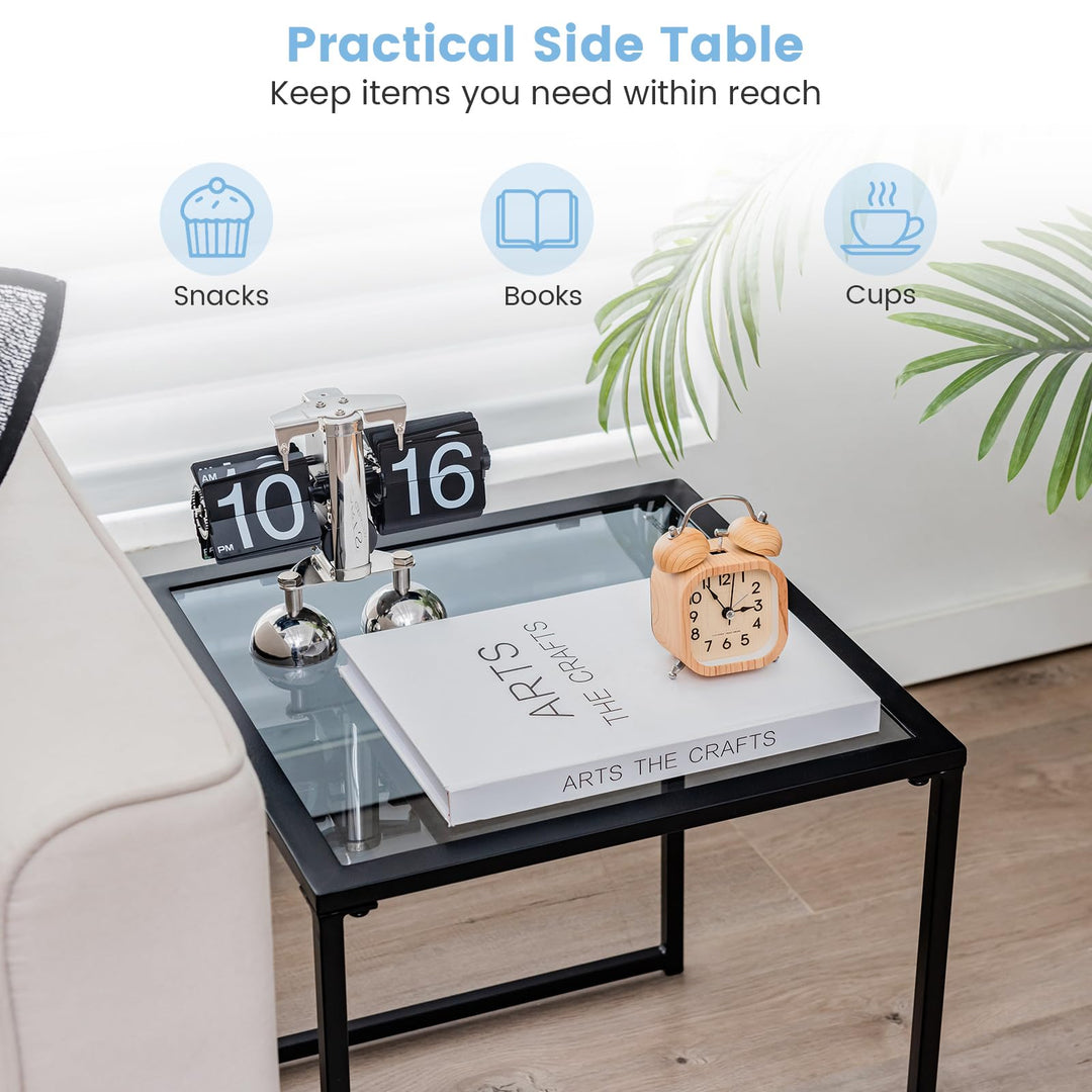 Giantex Outdoor 17” Square Table - Patio Tempered Glass End Table Side Table with Metal Frame