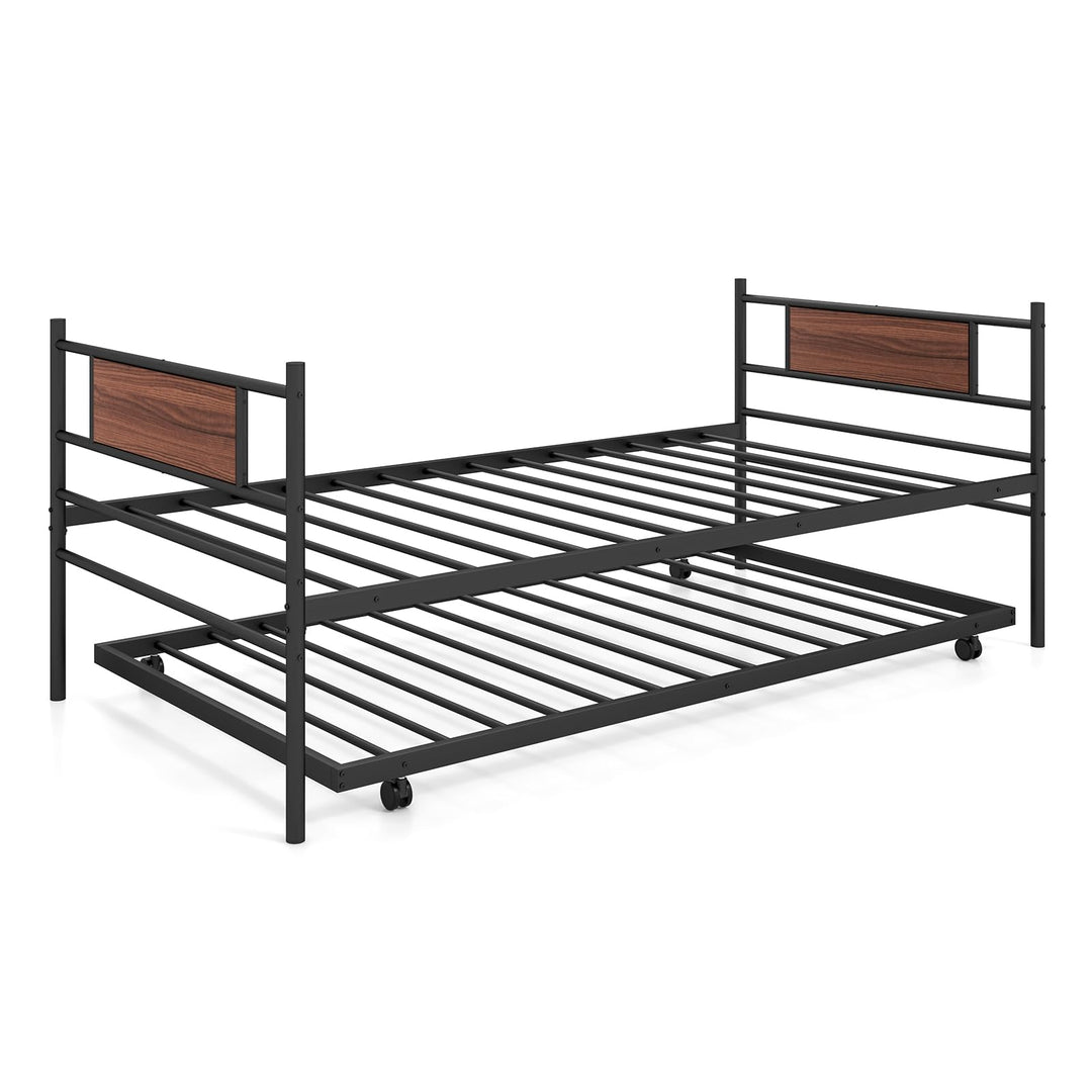 Giantex Metal Daybed with Trundle, Twin Size Day Bed with Wood Grain Headboard &amp; Metal Slat Support
