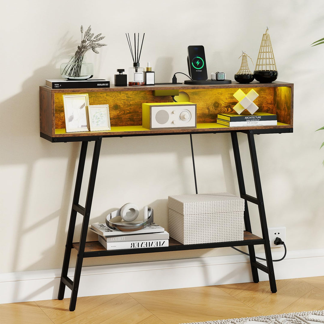 Giantex Console Table with Charging Station &amp; LED Lights