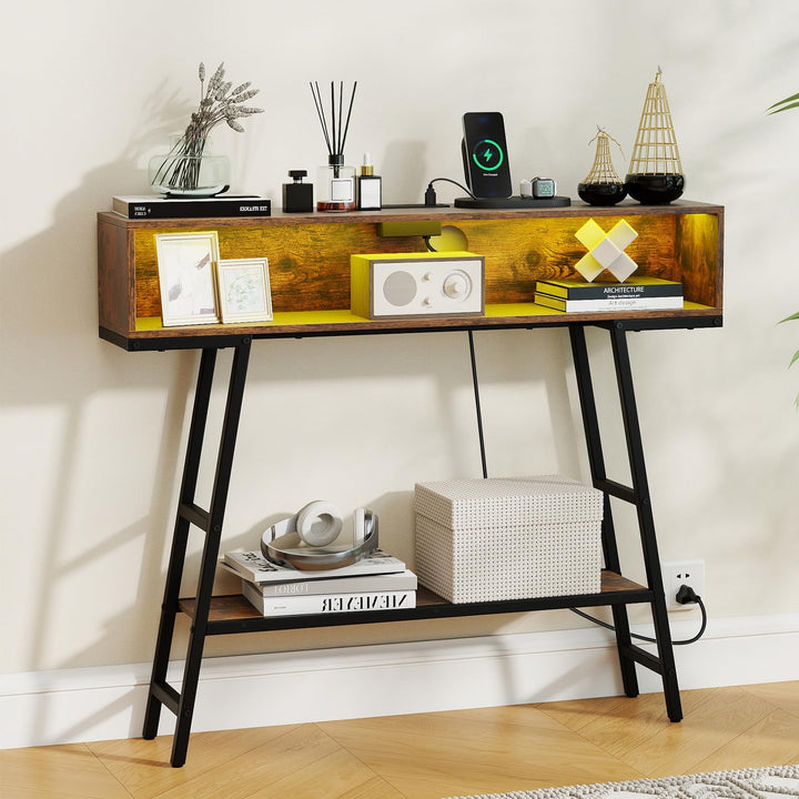Giantex Console Table with Charging Station &amp; LED Lights
