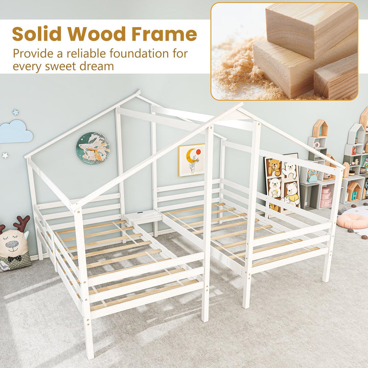 Giantex Double Twin Bed Frames for Kids, Wood House Shaped Platform with Built-in Nightstand &amp; USB Port