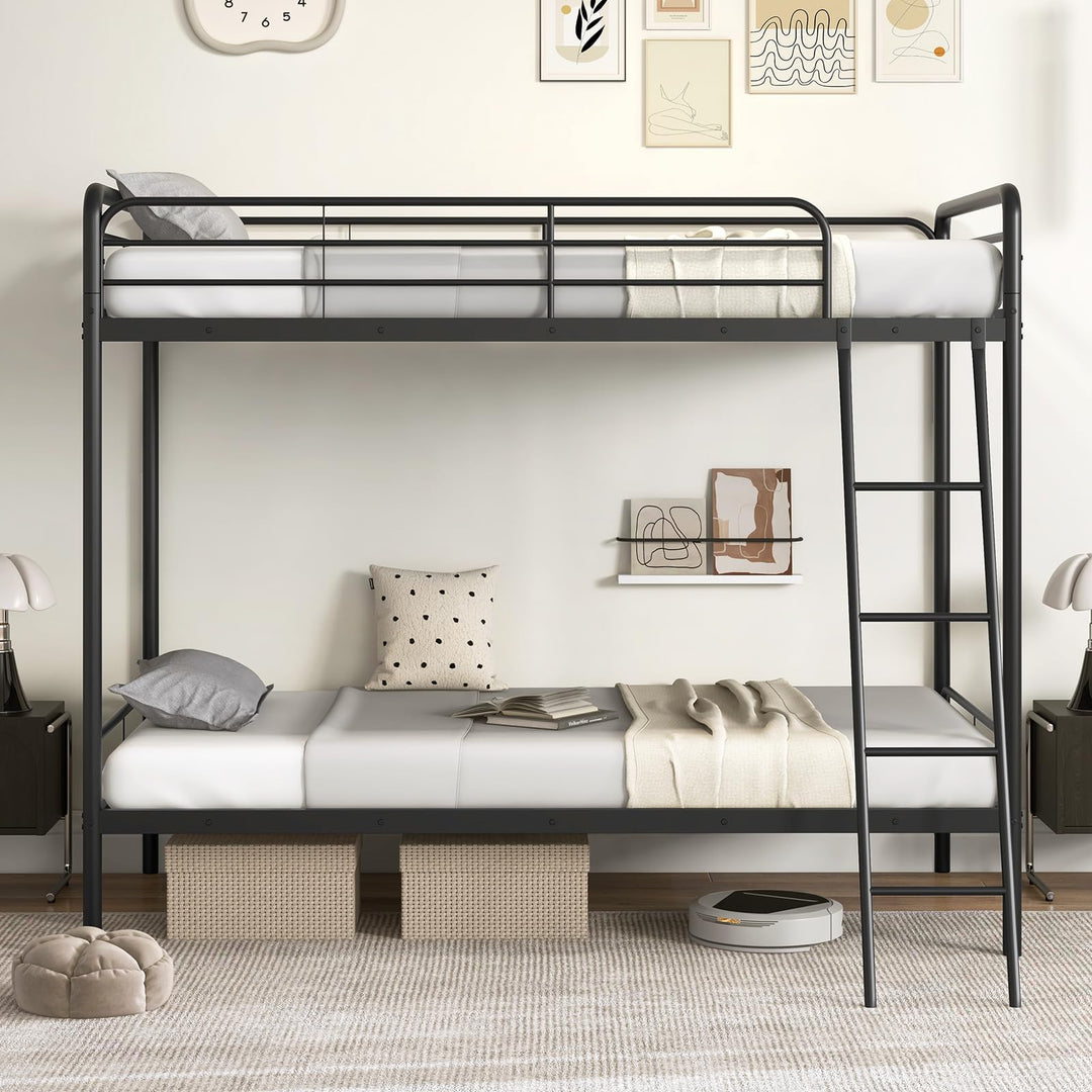 Giantex Metal Bunk Bed Twin Over Twin, Heavy Duty Twin Bunk Beds with Inclined Ladder &amp; Safety Guardrails