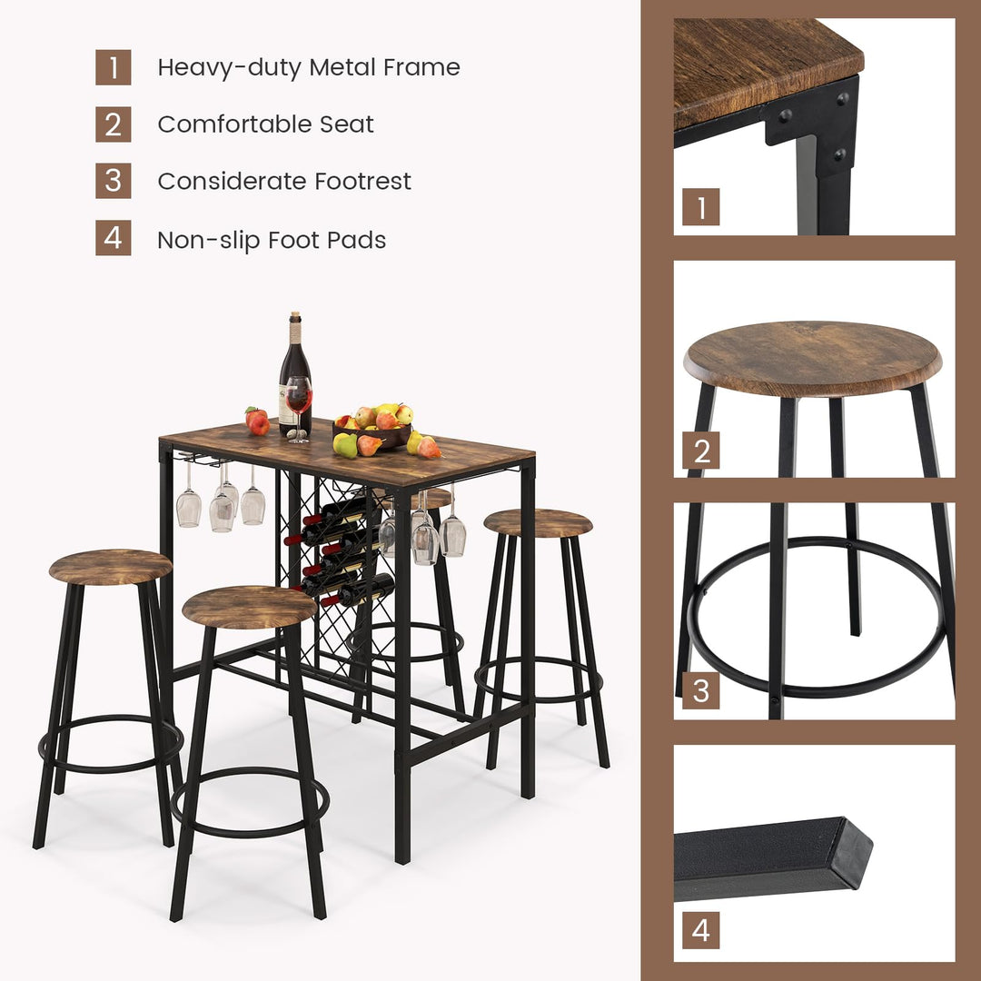 Giantex 5 Pieces Bar Table and Stools Set - Bar Height Table with Stools for 4, Kitchen Table Set with Wine Rack &amp; Glass Holder