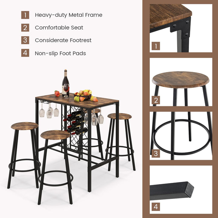 Giantex 5 Pieces Bar Table and Stools Set - Bar Height Table with Stools for 4, Kitchen Table Set with Wine Rack &amp; Glass Holder