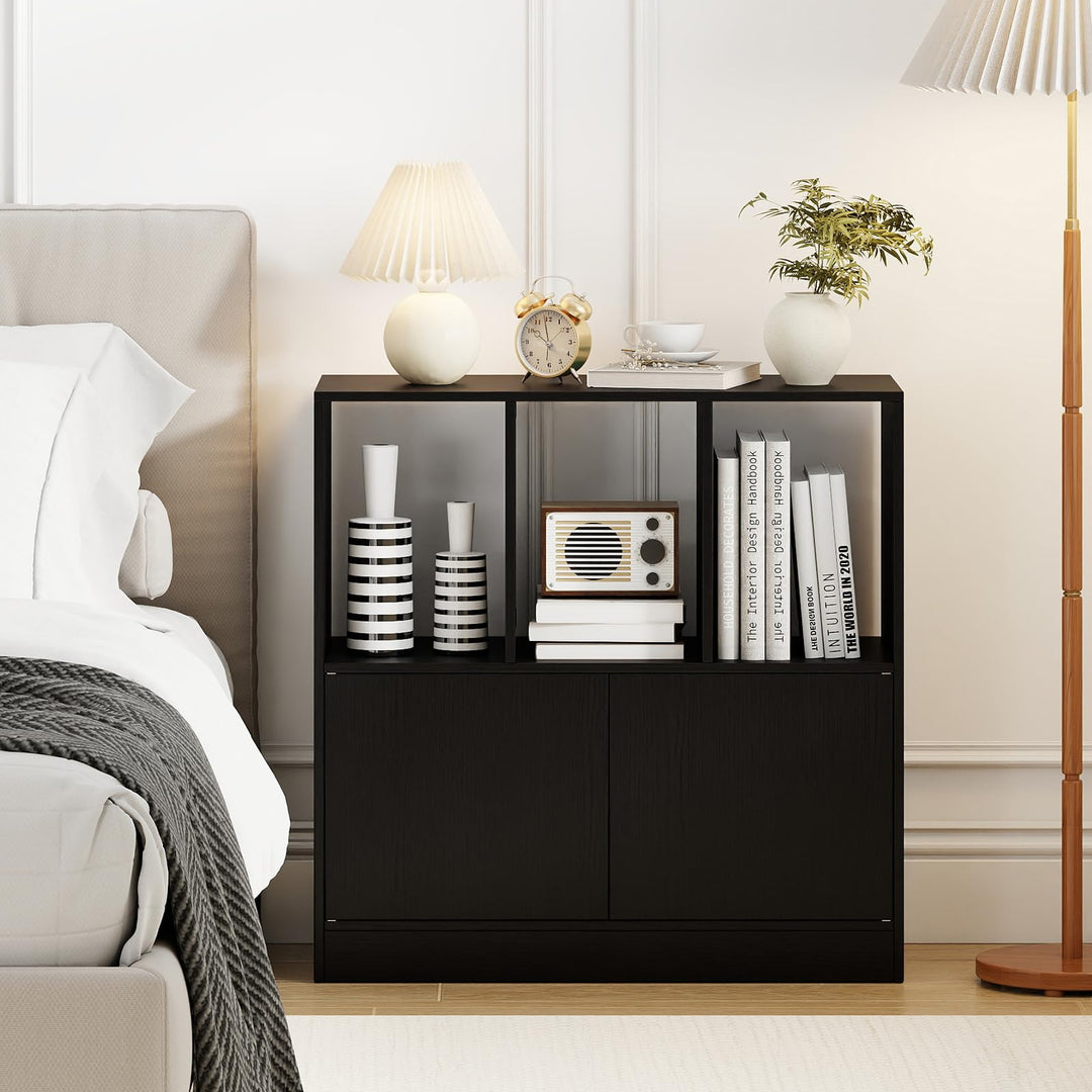 Giantex 3-Cube Bookcase with Doors | 3-Tier Cubic Bookshelf w/Open Compartments &amp; Cabinet