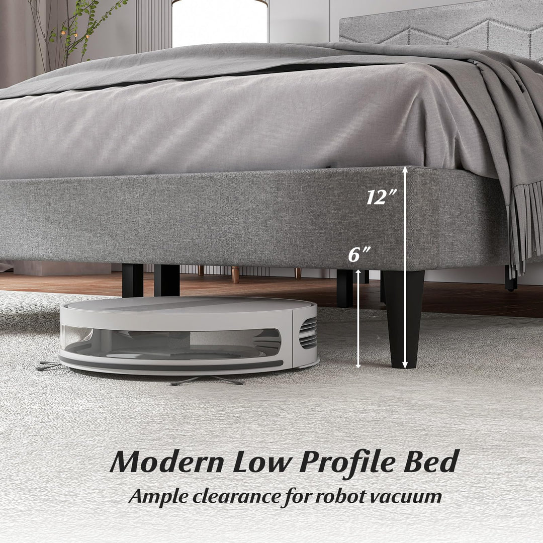 Giantex Queen/Full/Twin Size Upholstered Bed Frame Modern Platform Bed with Linen Fabric Geometric Headboard