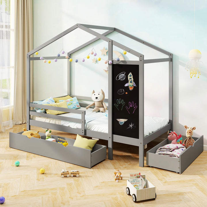 Giantex Twin Bed with 2 Storage Drawers, Solid Wood House Bed with Blackboard &amp; Safety Guardrails