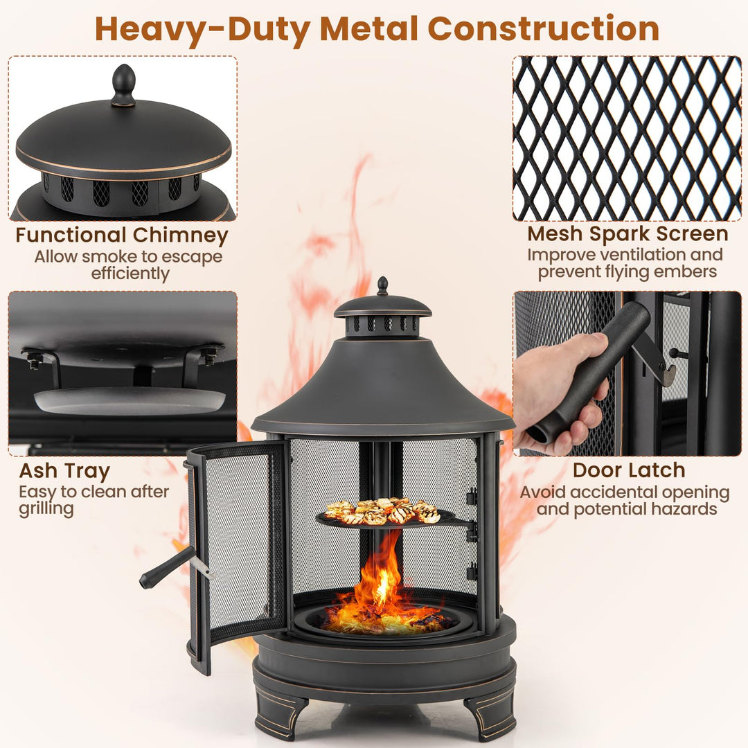 Giantex 2 in 1 Outdoor Fire Pit with Grill, 30 Inch Metal Chiminea, Wood Burning Fireplace with Chimney