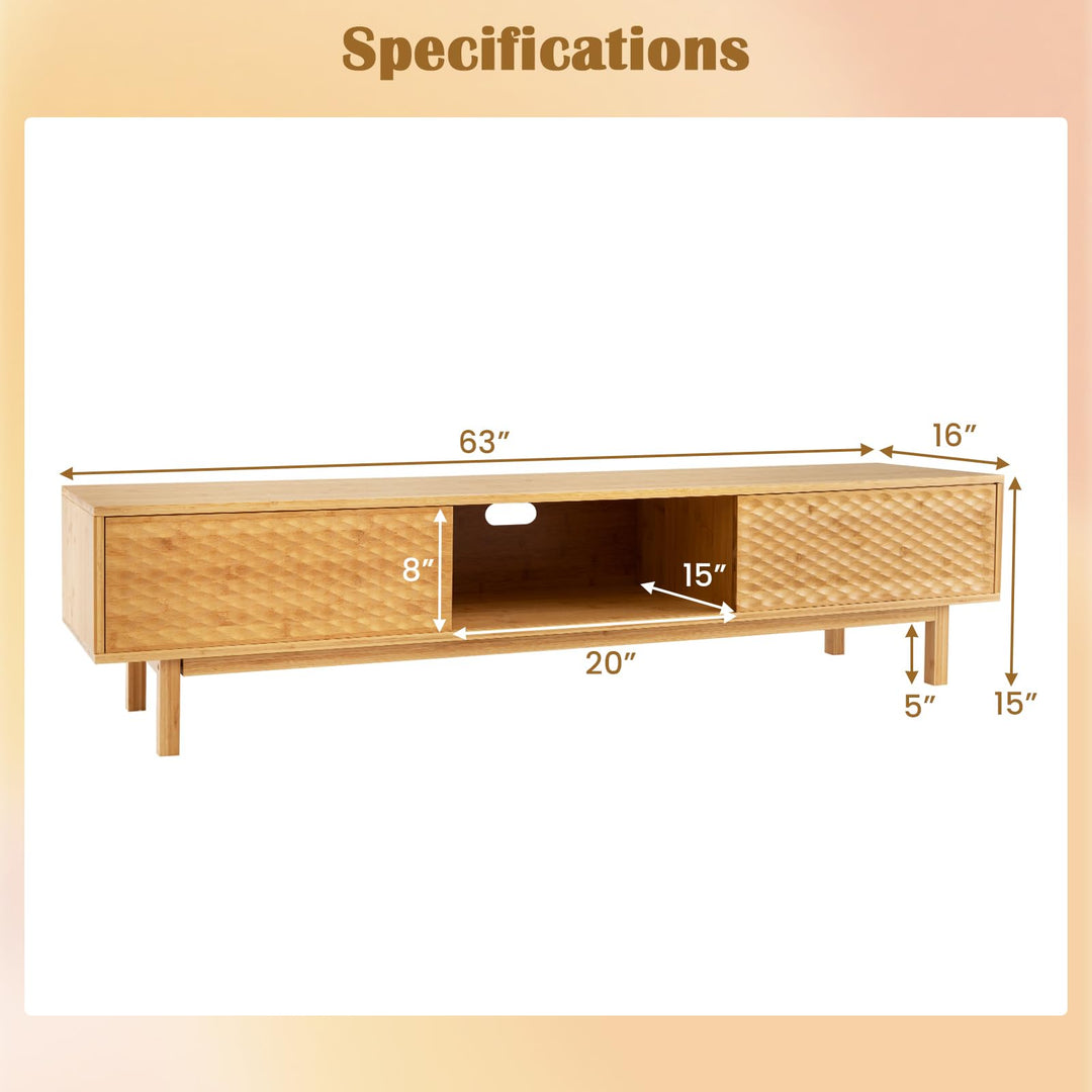 Giantex 63” Bamboo TV Stand, Entertainment Center with 3 Storage Cubes, Sliding Doors