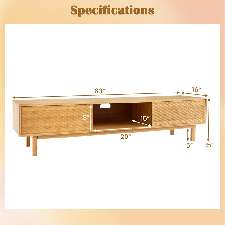 Giantex 63” Bamboo TV Stand, Entertainment Center with 3 Storage Cubes, Sliding Doors