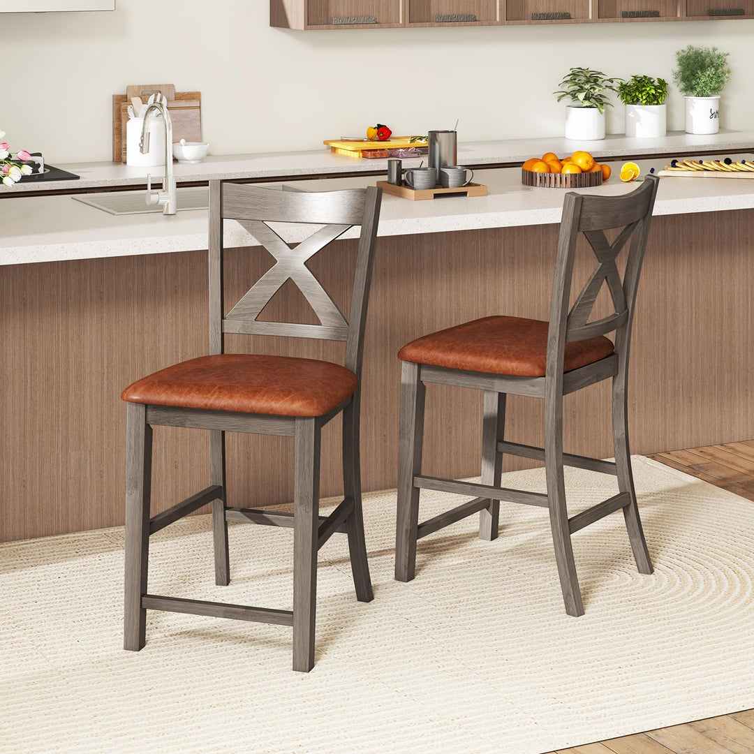 Giantex 24" Bar Stools Set of 2/4, Counter Height Bar Stools with Cross Back &amp; Faux Leather Upholstered Seat
