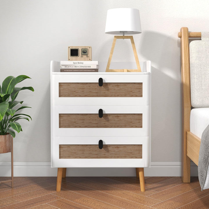 Giantex Rattan Nightstand, Boho 2/3-Drawer Dresser with 4 Solid Wood Legs