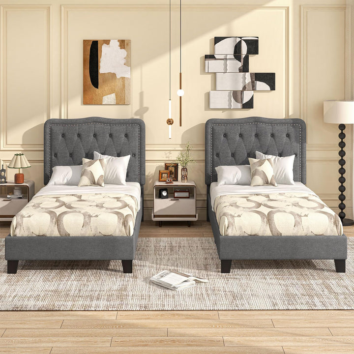 Giantex Twin Size Bed Frame, Modern Linen Upholstered Platform Bed w/ 46" Tall Button Tufted Headboard