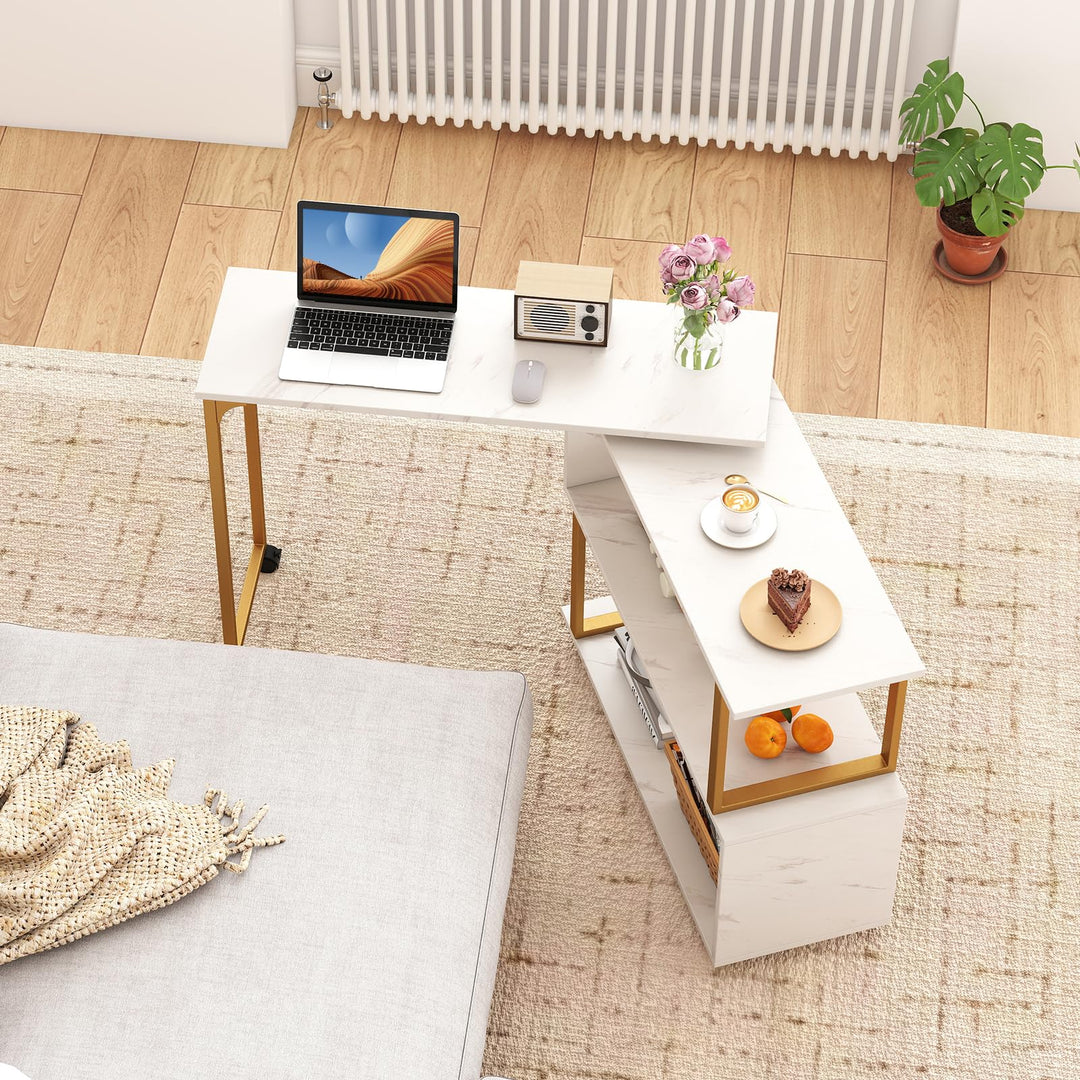 Giantex 360° Free Rotating Sofa Side Table Modern L Shaped Desk with Storage Bookcase