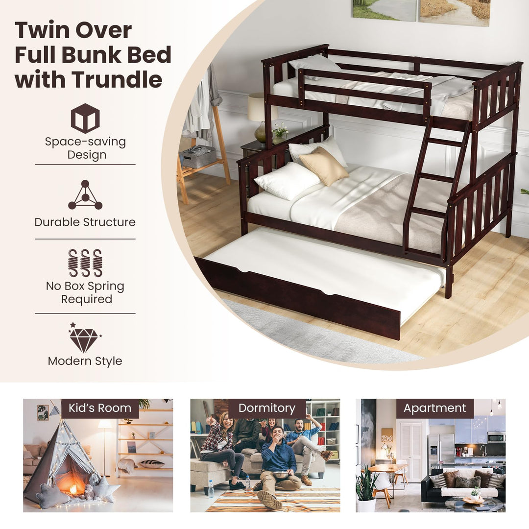 Giantex Twin Over Full Bunk Bed with Trundle, Reversible Ladder &amp; Safety Guardrails